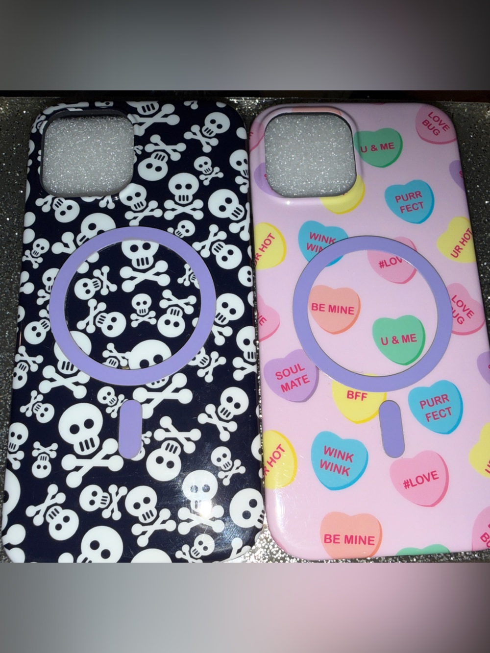 Phone Case Duo - Black Skull & Pink Candy Heart MagSafe Compatible